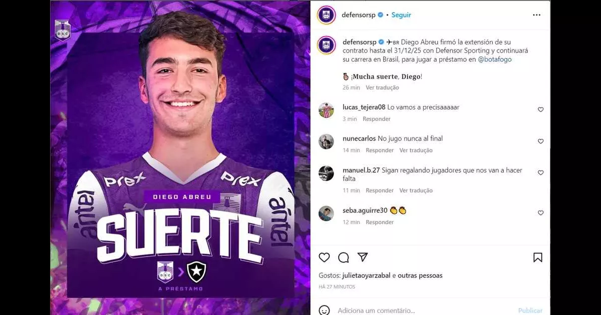 Defensor anuncia empréstimo de Diego 'Loquito', filho de Loco Abreu, ao Botafogo